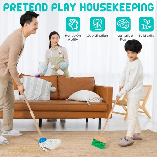 8-Piece Wooden Cleaning Set for Kids with Mop Broom Brushes Stand Rag