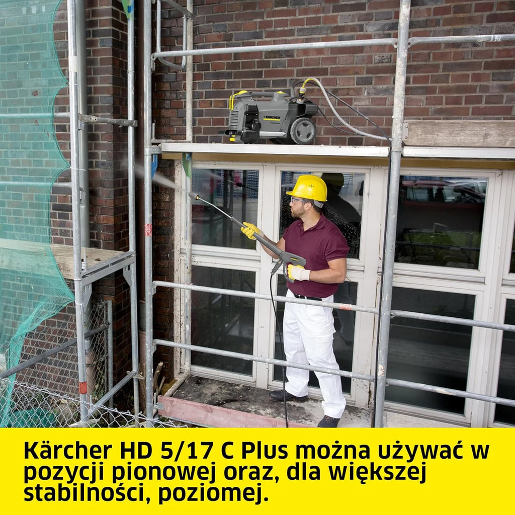 Kärcher urządzenie wysokociśnieniowe HD 5/17 C Plus, ciśnienie robocze: 170 bar, wydajność: 480 l/h, waga: 26 kg, wąż: 15 m, pistolet wysokociśnieniowy, lanca spryskująca, dysza rotacyjna. Zimna woda