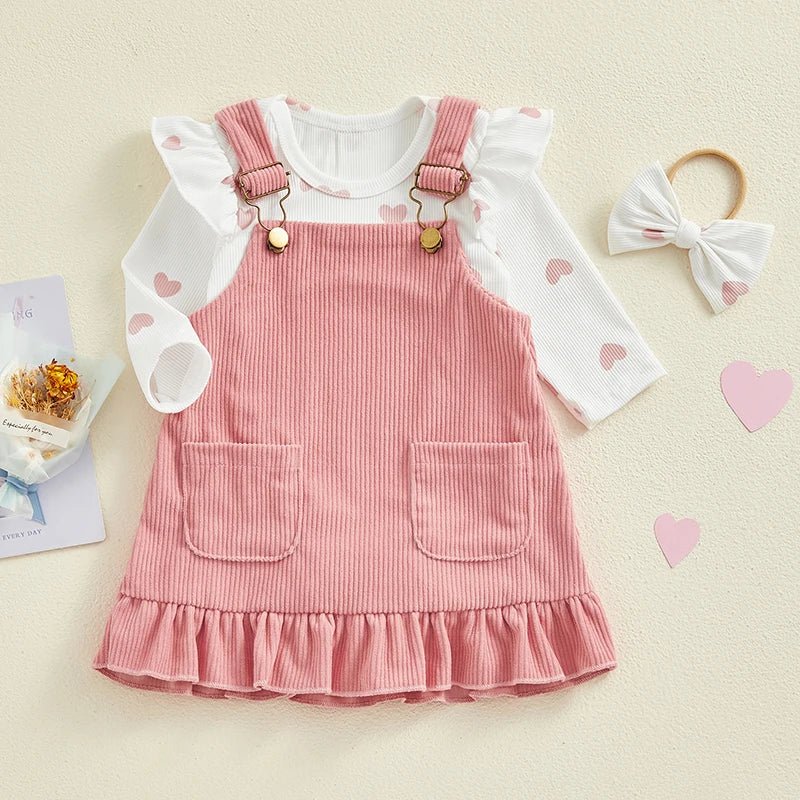 Baby Girls Outfits Heart Print Romper | Suspender Skirt | Headband Set