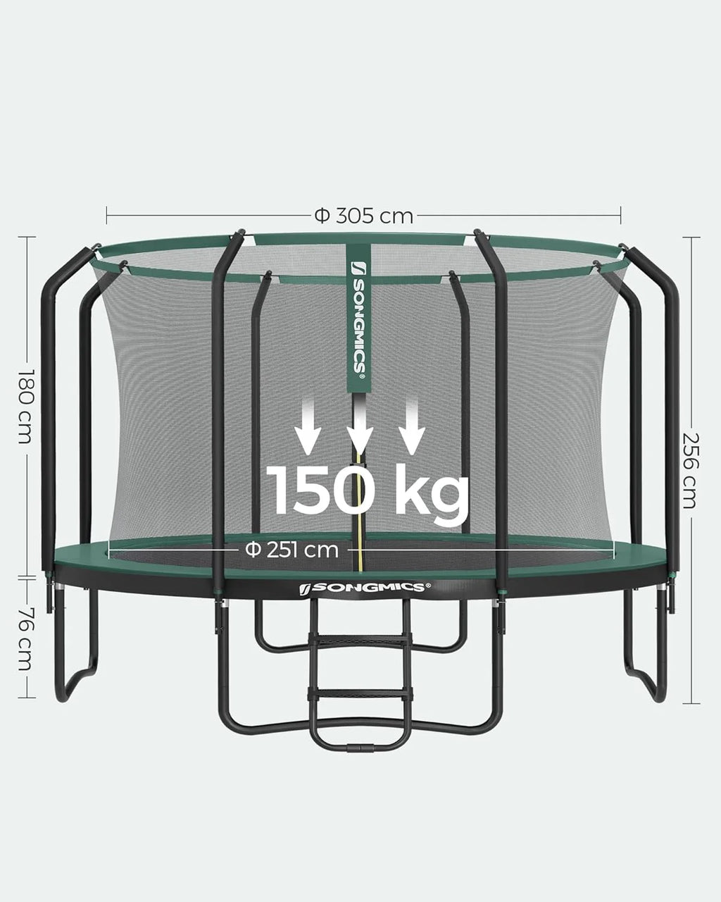 SONGMICS Trampolina Ø 244/305/366/427 cm, certyfikat TÜV Rheinland GS, okrągła trampolina ogrodowa z siatką zabezpieczającą i drabinką, wyściełany stelaż, dla dzieci i dorosłych