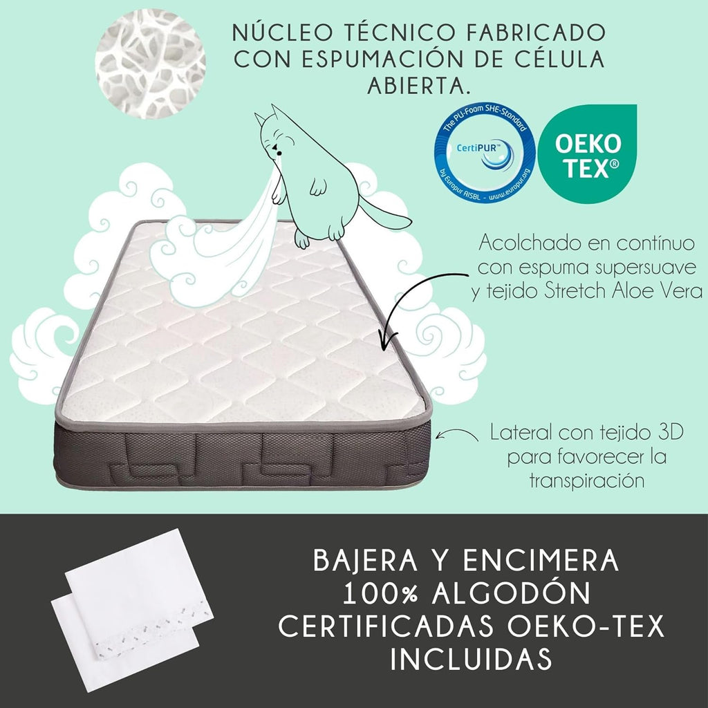 Łóżeczko dostawne dla niemowląt, zestaw łączący łóżeczko z łóżkiem, materac Morfeo HR (certyfikaty Oeko-Tex® i CertiPUR), 4 kółka, prześcieradła z gumką i płaskie z naturalnej bawełny. Indi CoolDreams CoolDreams