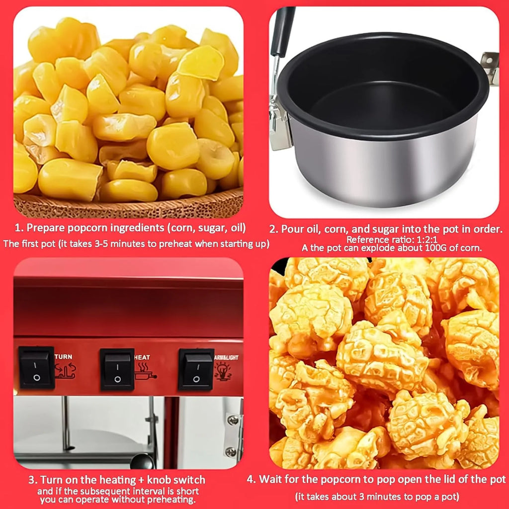 Komercyjna maszyna do popcornu z czajnikiem 10 uncji i podgrzewaną lampką, nablatowa maszyna do popcornu o mocy 1400 W do domu, teatru i firmy, w stylu filmowym z 3-przełącznikami Flat-top