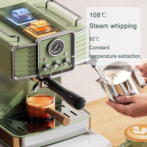 Retro Green 15 Bar Espresso Machine, 1350W Ekspres do kawy z mlecznym Frother, 1,6L Zdejmowany zbiornik i wizualny miernik do domu Cappuccino Latte Brewing