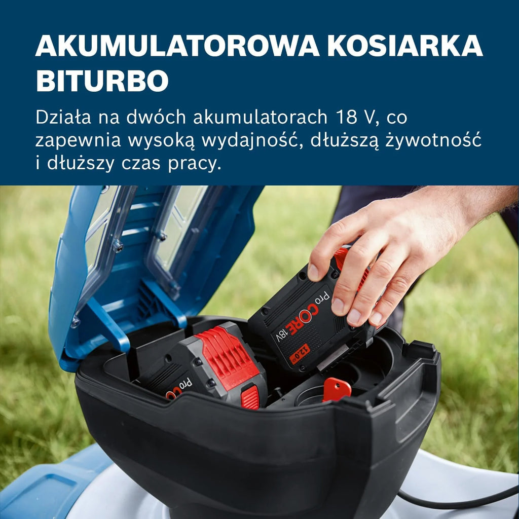 System profesjonalny 18 V firmy Bosch: kosiarka akum. GRA 18V2-46 (szer. cięcia: 46 cm, 6-stopniowa regulacja wys. cięcia, materiałowy worek na trawę 60 l, 2 klucze zapłonu, przystawka do mulczowania)