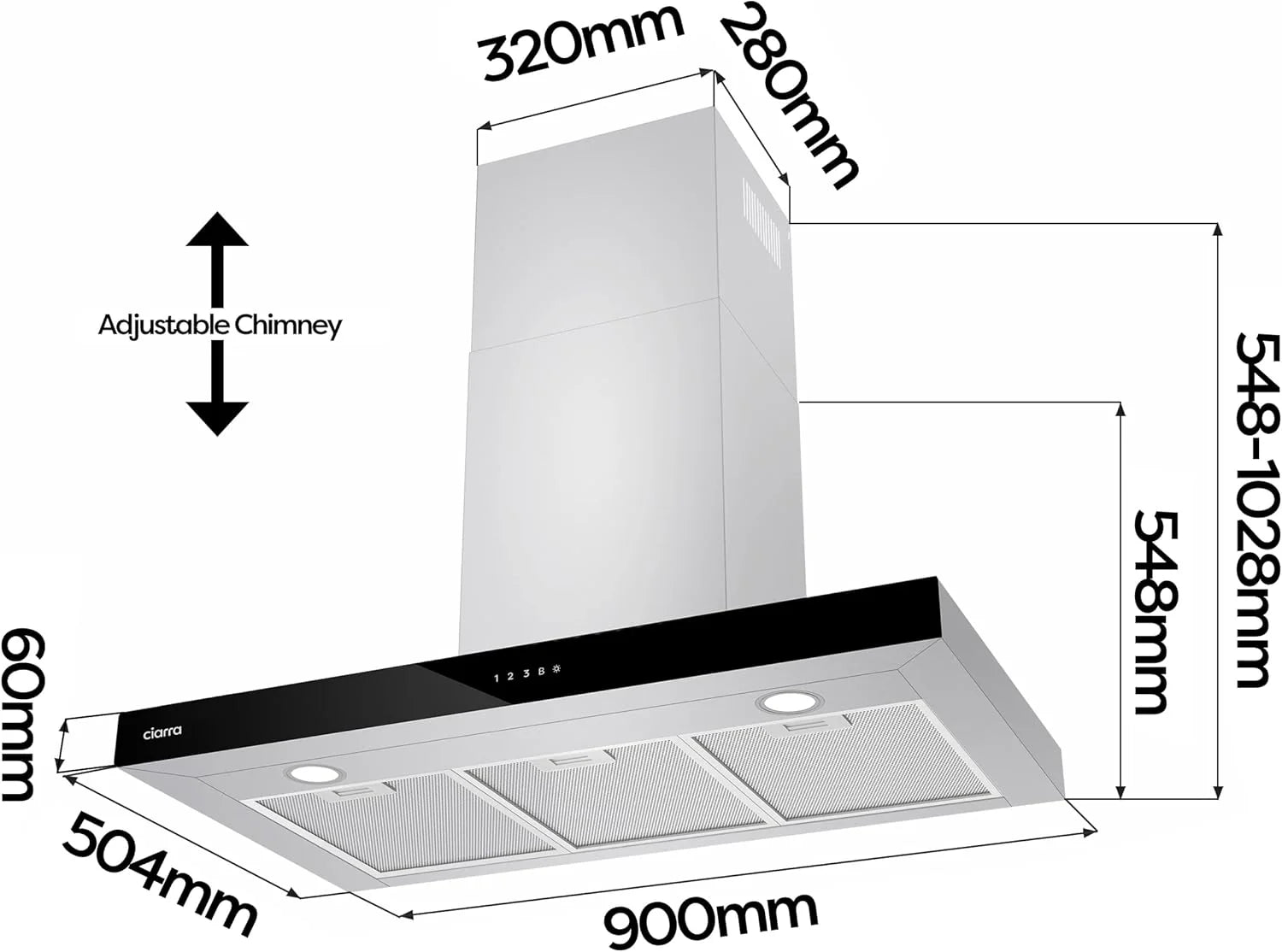 CIARRA CBCS9102 okap kuchenny 90 cm 650 m³/h - wydajność klasy A++ - 4 prędkości - funkcja Boost - cichy okap kuchenny - sterowanie dotykowe - ściemnialna dioda LED - okap ścienny ze stali nierdzewnej