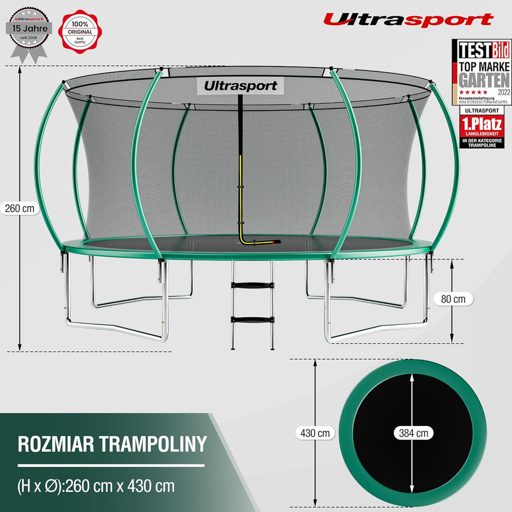 Ultrasport Deluxe trampolina, Ø 244/305/366/430 cm, certyfikat TÜV Rheinland + GS, kompletny zestaw, okrągła trampolina ogrodowa, w tym wyściełane słupki, siatka zabezpieczająca i osłona krawędzi