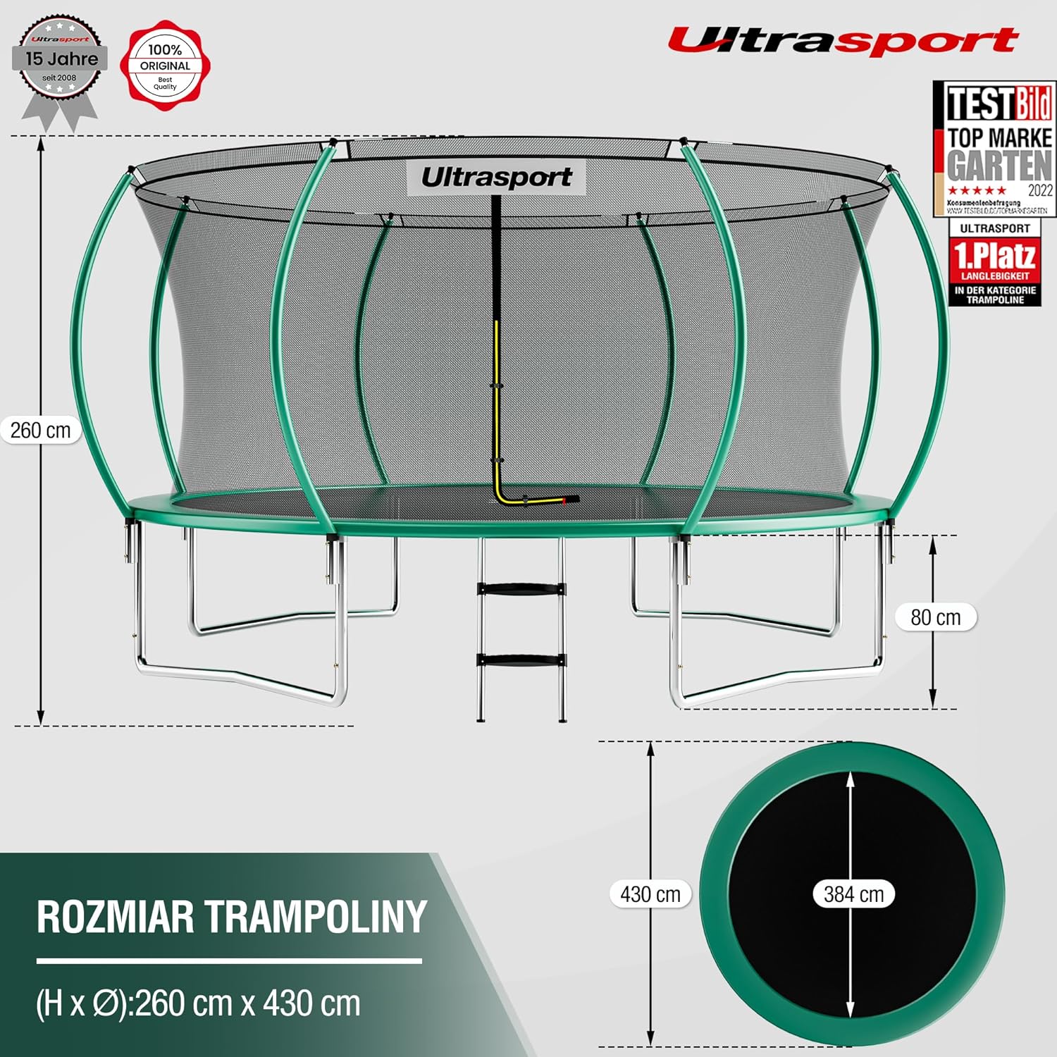 Ultrasport Deluxe trampolina, Ø 244/305/366/430 cm, certyfikat TÜV Rheinland + GS, kompletny zestaw, okrągła trampolina ogrodowa, w tym wyściełane słupki, siatka zabezpieczająca i osłona krawędzi