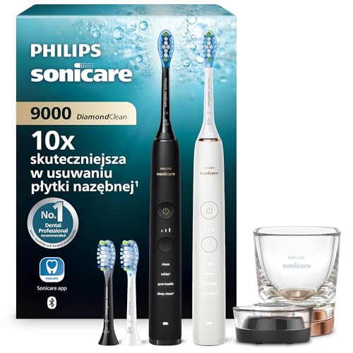 Szczoteczka elektryczna Philips Sonicare DiamondClean 9000, podwójne opakowanie, szczoteczka soniczna z aplikacją, czujnik nacisku, szklanka do ładowania, kolor czarny i Rosegold, model HX9914/61