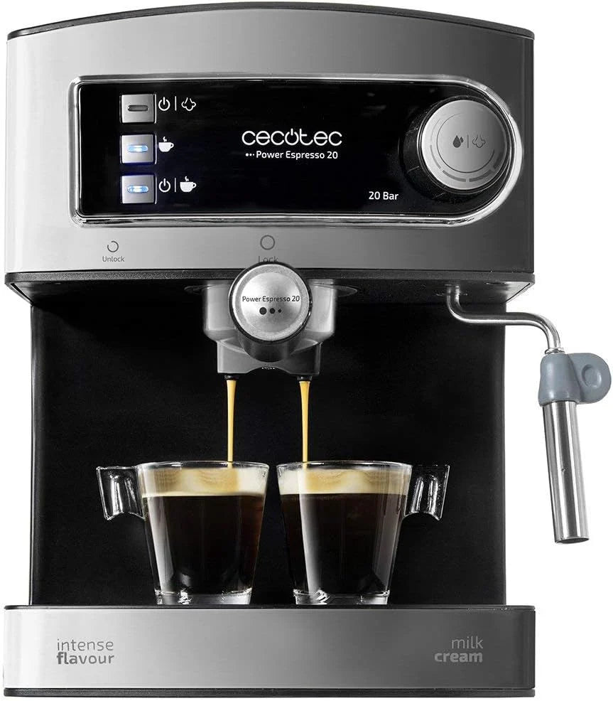 Cecotec Ekspres do kawy z podwójnym wyjściem Power Espresso 20 Barista Cream. 1550 W, 20 prętów, zbiornik na ziarna kawy 250g, młynek z 30 poziomami mielenia, termoblok, zbiornik na wodę 2.5 L
