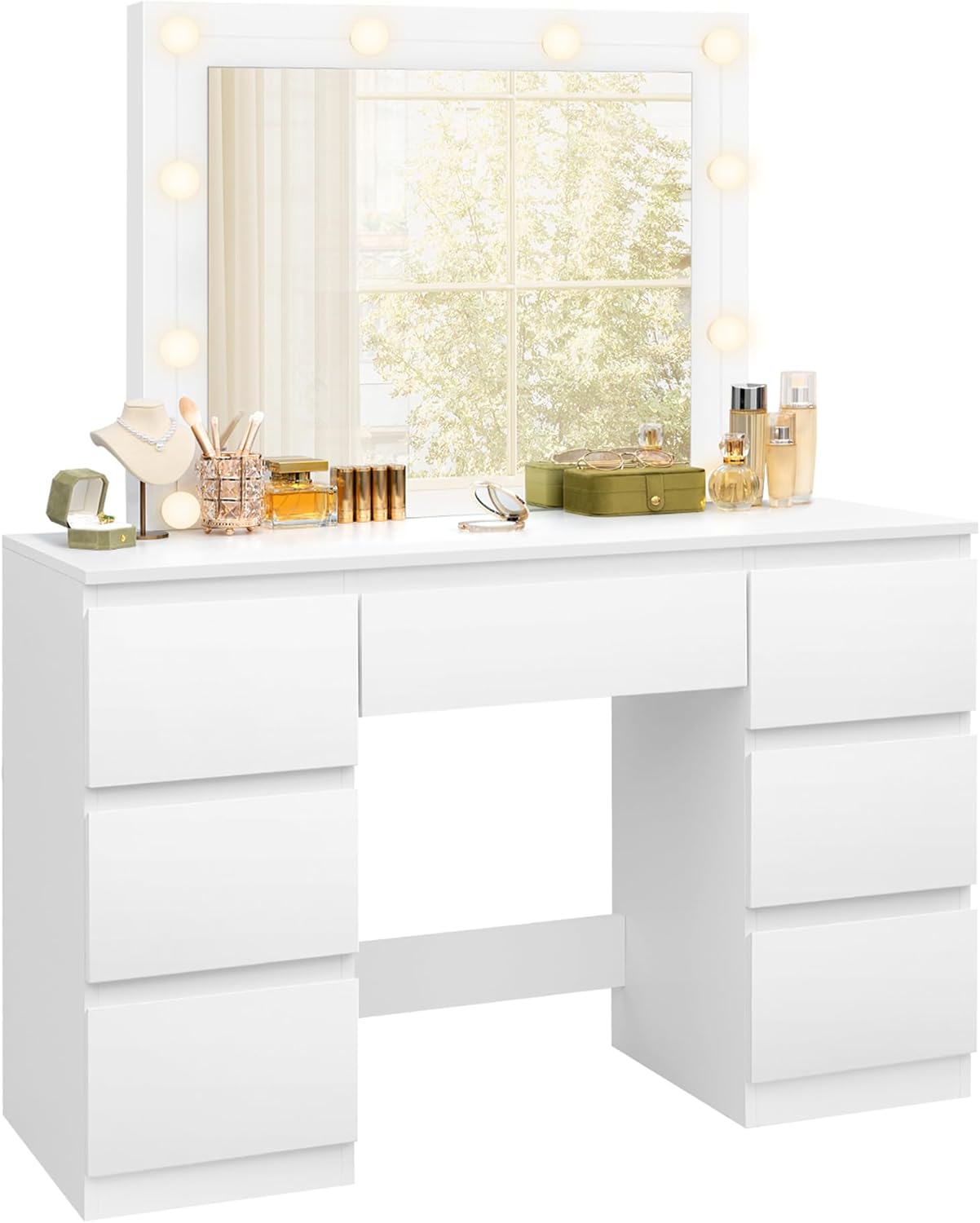 WOLTU MB6124ws Toaletka z oświetleniem i wieloma gniazdkami, toaletka z dużym lustrem LED i 7 szufladami, biurko do makijażu, 110 x 39,5 x 140,5 cm, biała nowoczesna komoda do sypialni