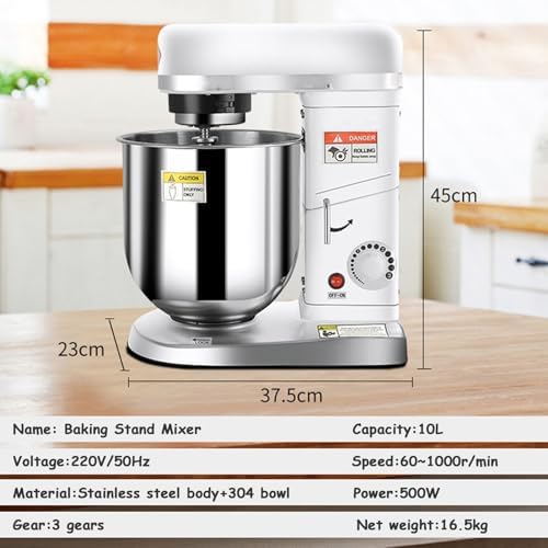 Profesjonalny mikser stojakowy, 3 Speed 10L Mixing Bowl 500W Electric z Beater & Dough Hok, komercyjny mikser kuchenny i ciasto, biały