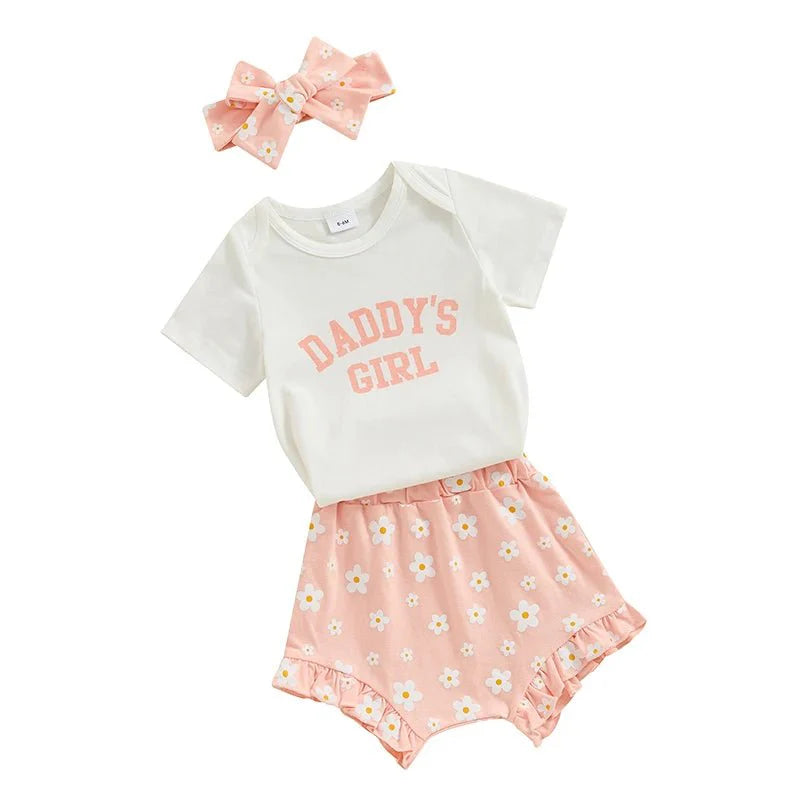 Baby Girls Outfit Short Sleeve Romper - Floral Shorts - Hairband Set Casual Clothes
