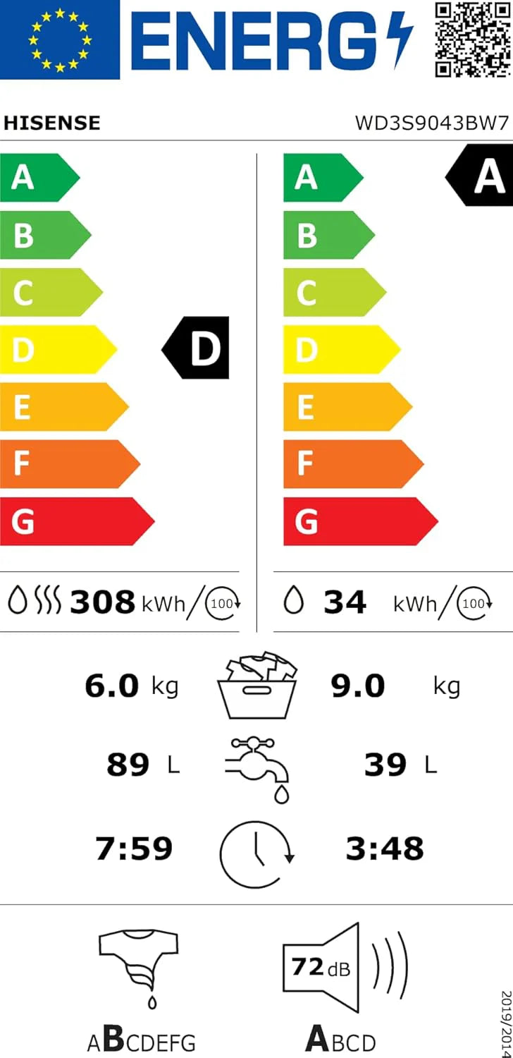Hisense WD3S9043BW7 pralko-suszarka 9 + 6 kg, 1400 obr./min, 15 programów automatycznych, silnik inwerterowy, klasa energetyczna A-30%/D, wyświetlacz LED, szary, WiFi