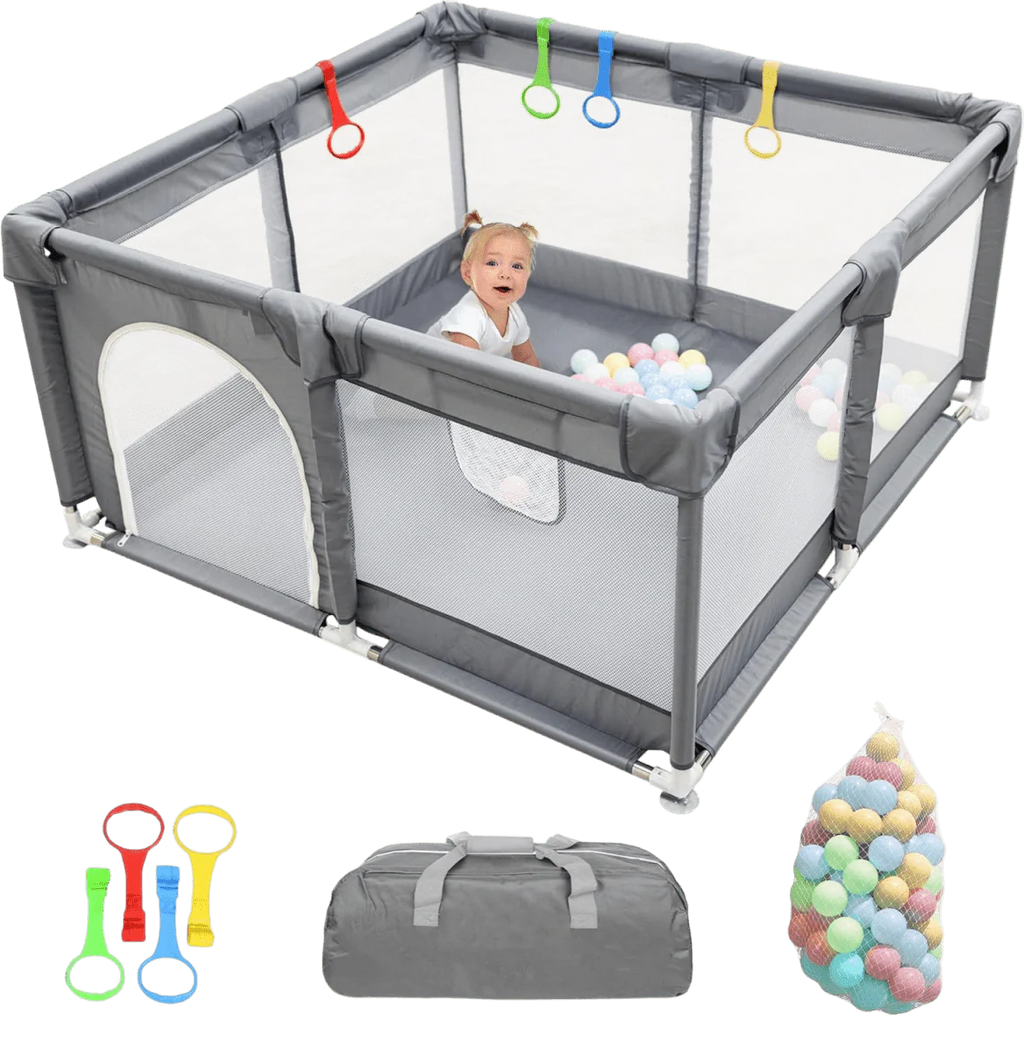 Baby Playpen with Padded Frame, Mesh Walls, Balls & Pull Rings