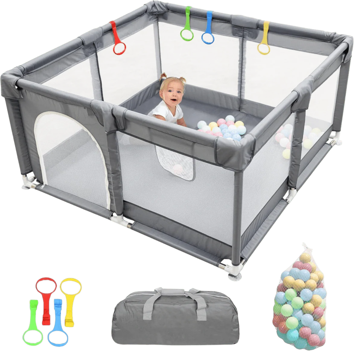 Baby Playpen with Padded Frame, Mesh Walls, Balls & Pull Rings