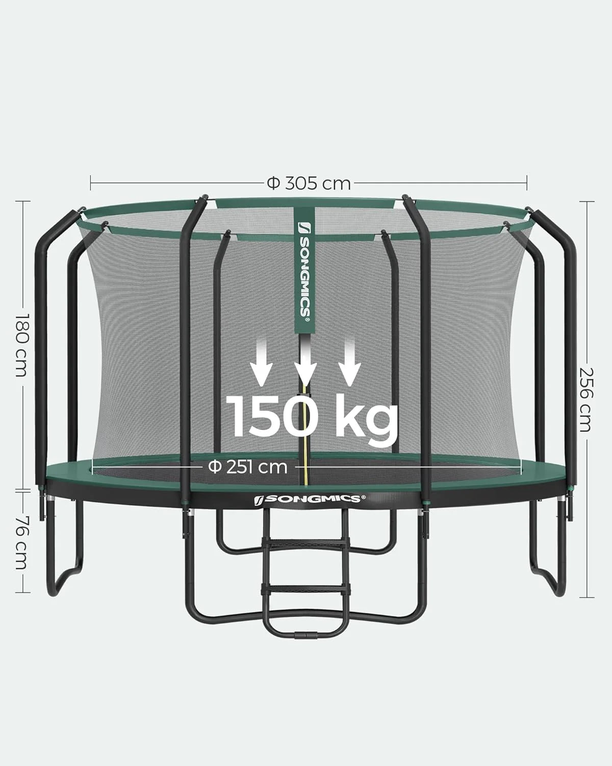 SONGMICS Trampolina Ø 244/305/366/427 cm, certyfikat TÜV Rheinland GS, okrągła trampolina ogrodowa z siatką zabezpieczającą i drabinką, wyściełany stelaż, dla dzieci i dorosłych