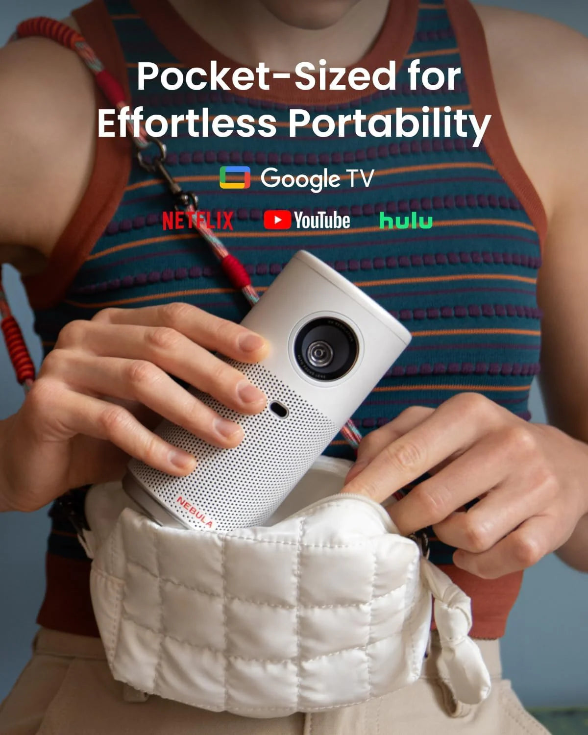 Projektor NEBULA Capsule Air Google TV, oficjalna licencja Netflix, inteligentny mini projektor 720p z Wi-Fi, 2 godziny odtwarzania (biały)