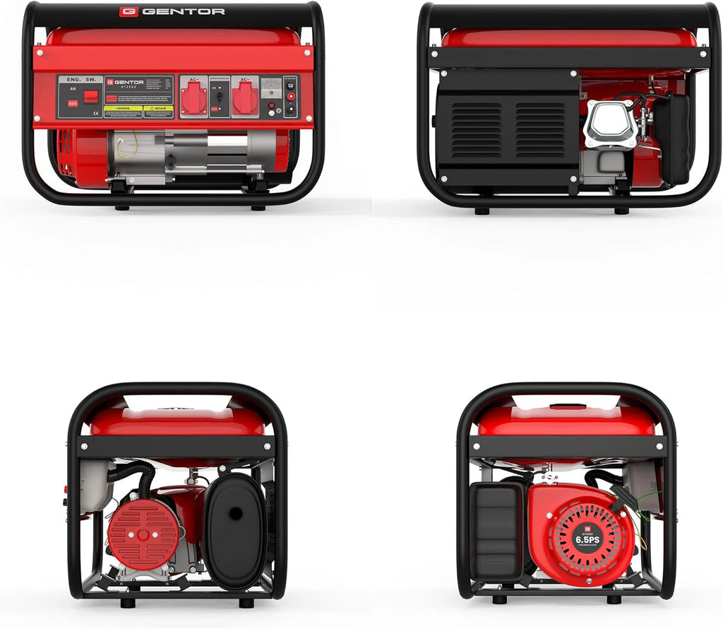 GENTOR generator prądu awaryjnego benzyna cichy 2200 Watt 6.5HP, generatory prądu 4-suwowy silnik benzynowy, 2x 230V, 1x 12V, pull-start, dla kempingu, na zewnątrz, warsztat, dom