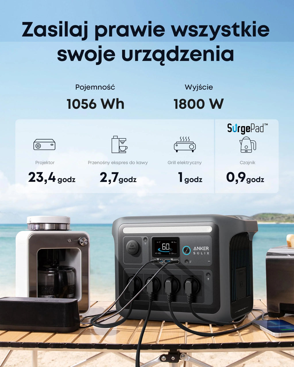 Anker SOLIX C1000 Portable Power Station, generator słoneczny 1800 W, pełne ładowanie w 58 min w trybie ultraszybkim, stacja zasilająca LiFePO4 (kemping i awaryjnie do domu) (opcjonalny panel solarny)