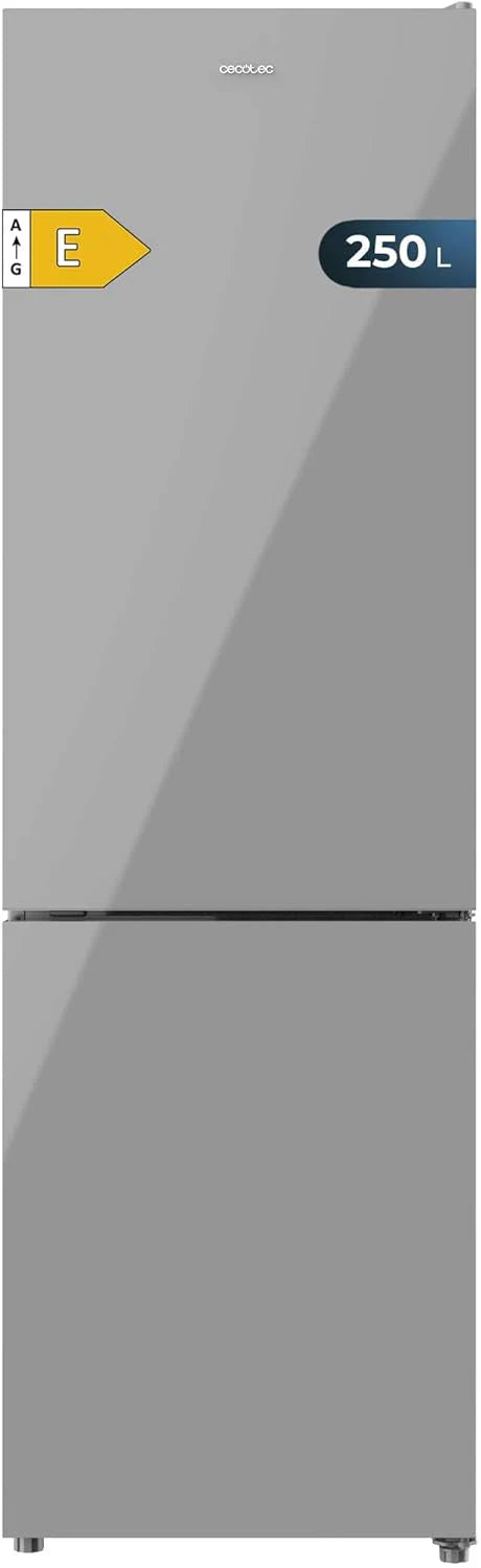 Cecotec Lodówka kombi Bolero CoolMarket Combi 250 Grey Glass E. Klasa energetyczna E lodówka z szarym szkłem 180 x 55 cm, 250 l, No Frost, Multi Air Flow, szybkie chłodzenie.
