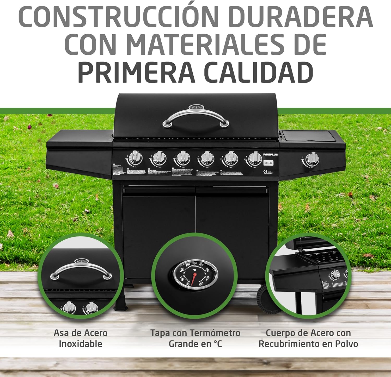 Grill gazowy Fireplus 6+1, 12,9 kW – stal nierdzewna czarna – grill z kółkami, model GRILL-6F – grill XXL z wózkiem i termometrem – 138 x 52 x 103 cm – 7 palników i tacka boczna