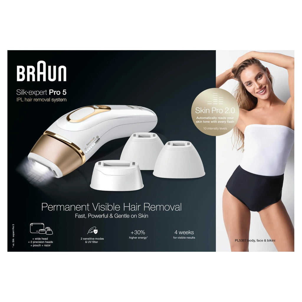 Braun IPL Silk Expert Pro 5, do usuwania włosów w domu, alternatywa dla laserowego usuwania włosów, zawiera woreczek, szeroką głowę, 2 precyzyjne głowice i golarkę Venus, prezent dla kobiet, biały