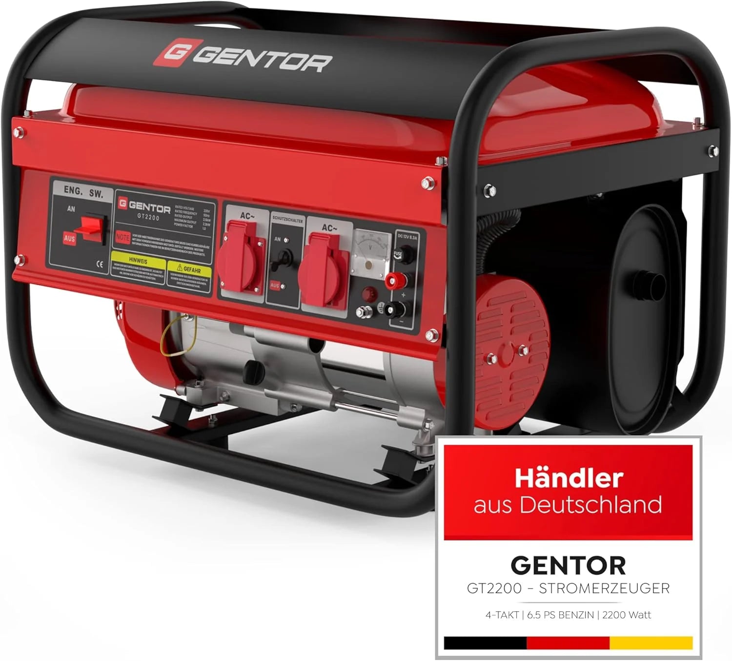 GENTOR generator prądu awaryjnego benzyna cichy 2200 Watt 6.5HP, generatory prądu 4-suwowy silnik benzynowy, 2x 230V, 1x 12V, pull-start, dla kempingu, na zewnątrz, warsztat, dom