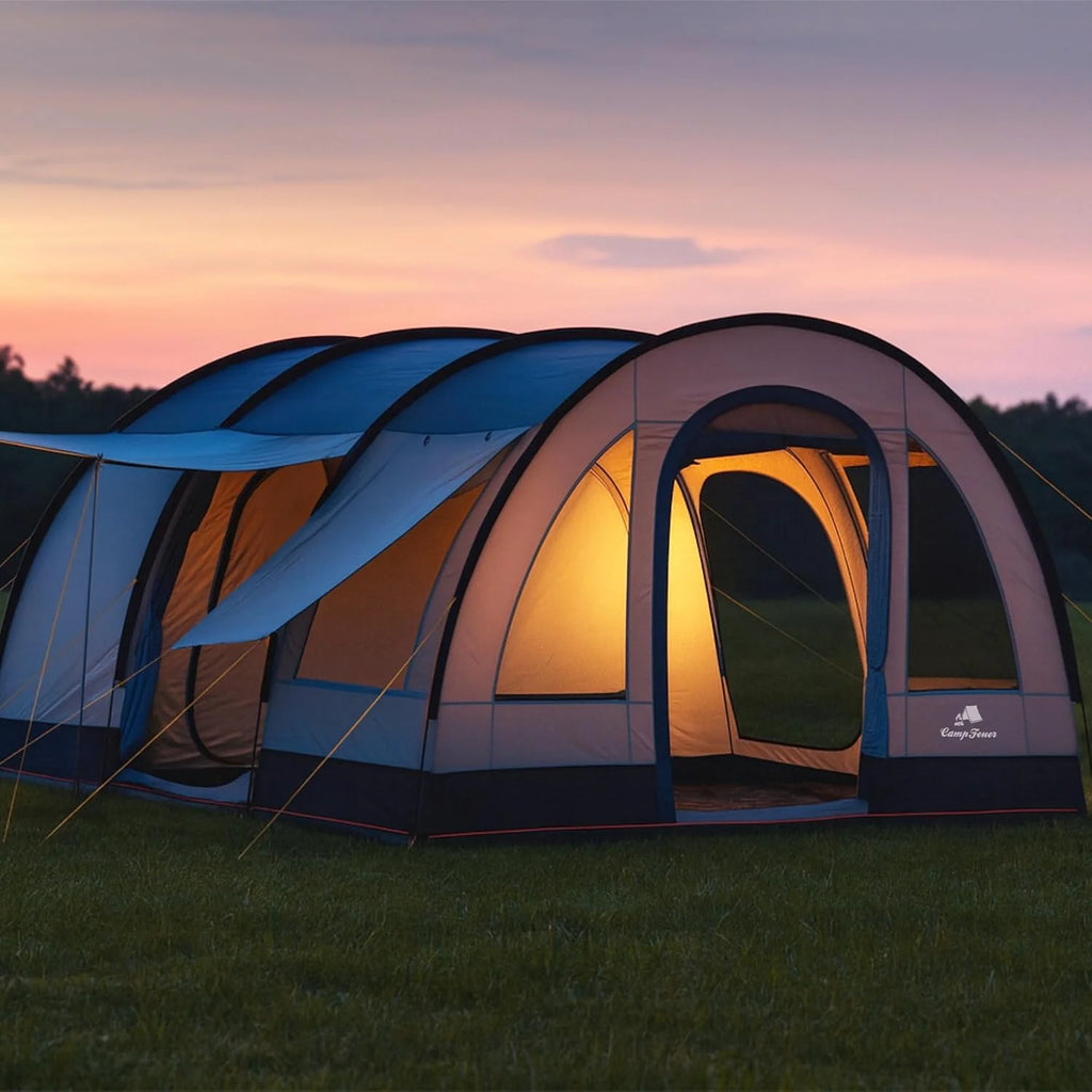 CampFeuer namiot TunnelX dla 4 osób, szary/niebieski, namiot tunelowy z 3 wejściami, słup wody 5000 mm, przyszyta plandeka podłogowa, namiot grupowy, namiot kempingowy, namiot rodzinny