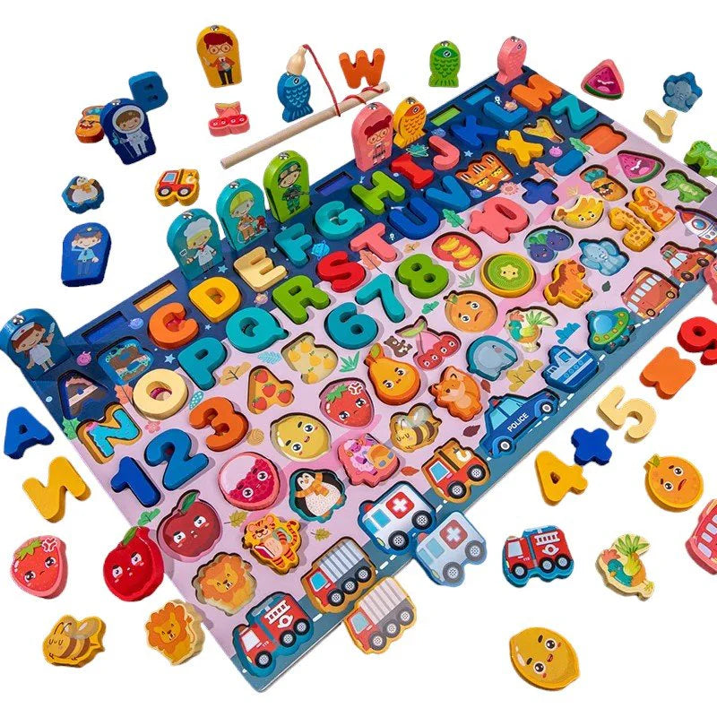 Wooden Sorting Puzzle with Magnetic Fishing, Board, Letters & Numbers