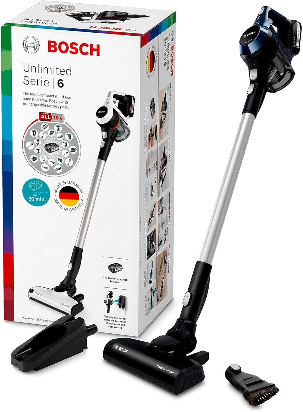 Bosch Akumulatorowy odkurzacz Unlimited seria 6 BKS6111P, bezprzewodowy odkurzacz ręczny, bezworkowy, lekki, higieniczny filtr, wysoka moc ssania, długi czas pracy, ssawka szczelinowa, wszystkie