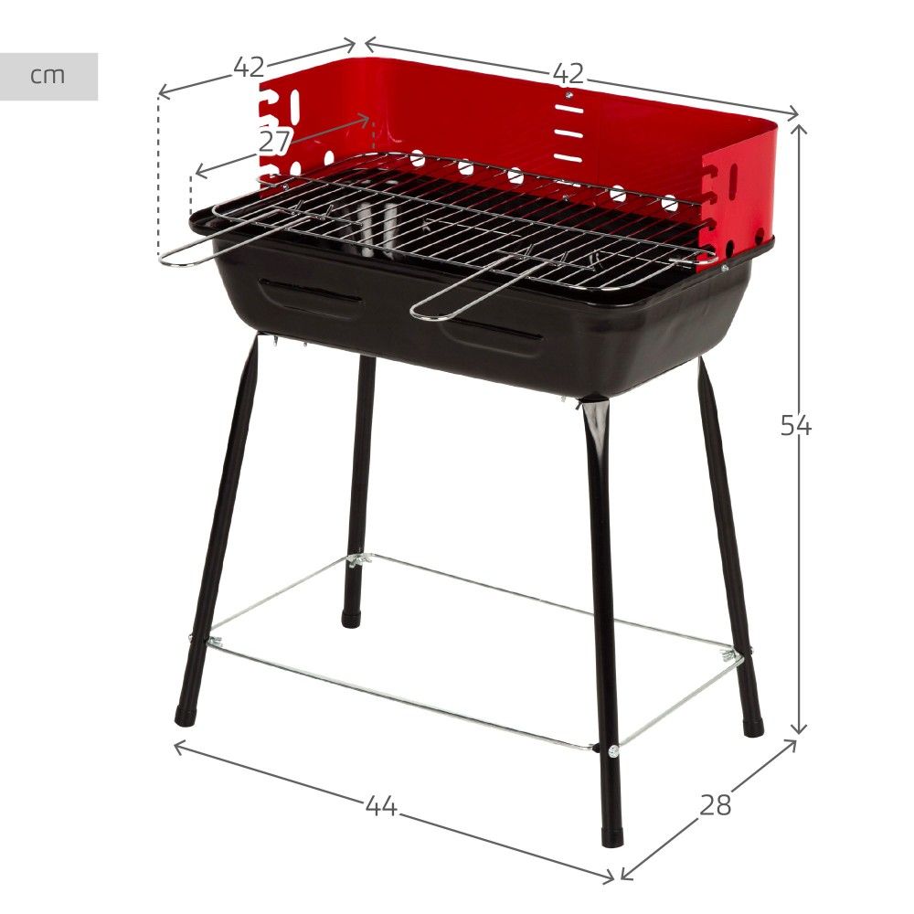 Przenośny grill węglowy z osłoną przeciwwiatrową i regulacją wysokości, 42 x 42 x 54 cm – stal. Czarno-czerwony