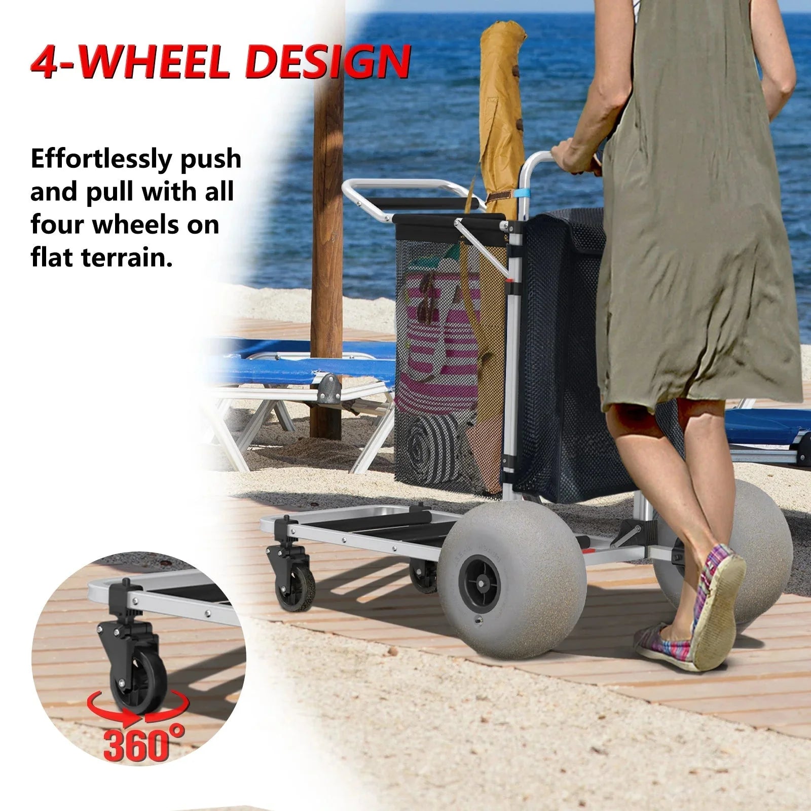 Foldable Beach Cart with Adjustable Handle and 12 Balloon Wheels, Heavy Duty Aluminum 220LBS Capacity