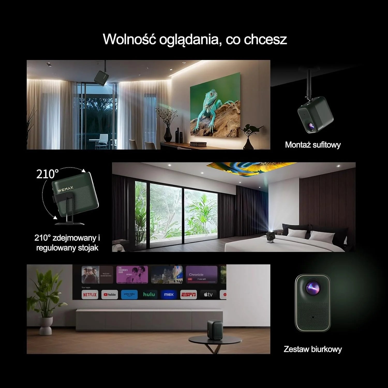 WEMAX Inteligentny Projektor Google TV 1080P Full HD, Obsługa 4K, 320 ISO Lm, MEMC Płynność na Mecze 2026, Auto Focus i Keystone, Omijanie Przeszkód, HDR10, Dolby Audio, WiFi 5G, Bluetooth