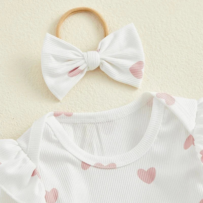 Baby Girls Outfits Heart Print Romper | Suspender Skirt | Headband Set