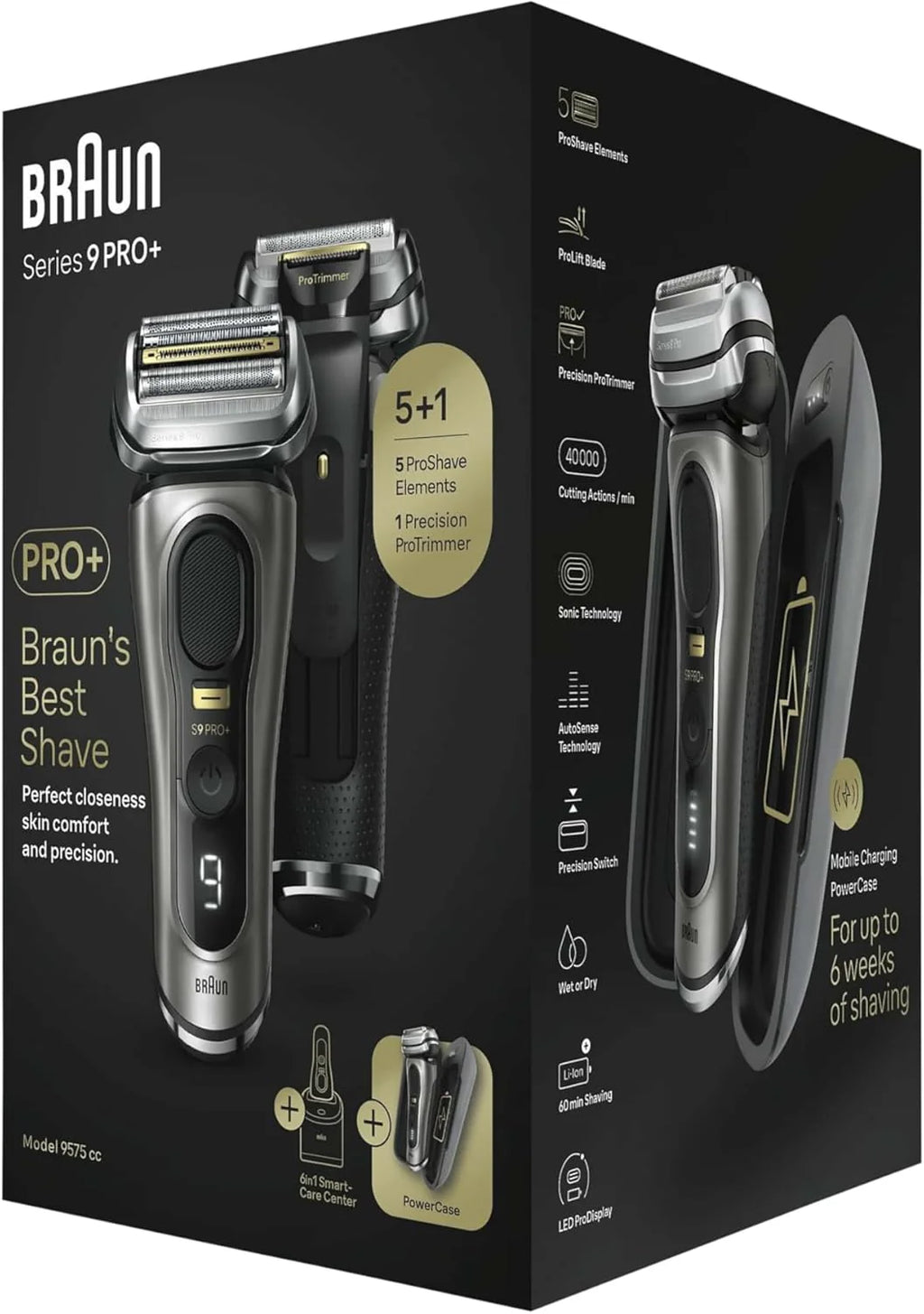 Braun Series 9 Pro + golarka elektryczna z 5 elementami do golenia, elektryczna golarka męska, maszynka do długich włosów, stacja czyszcząca, etui do ładowania, wyprodukowano w Niemczech, 9575cc,
