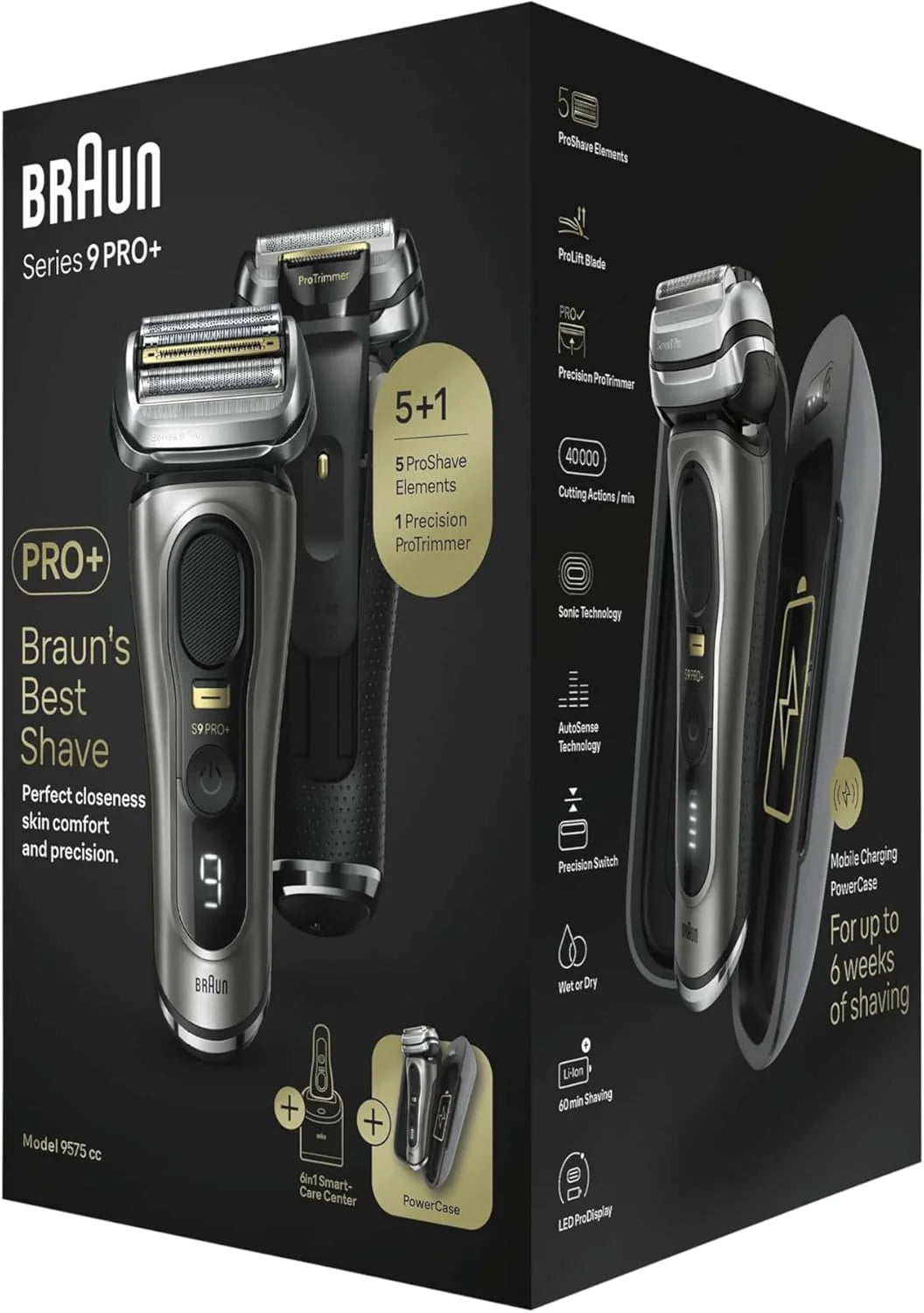 Braun Series 9 Pro + golarka elektryczna z 5 elementami do golenia, elektryczna golarka męska, maszynka do długich włosów, stacja czyszcząca, etui do ładowania, wyprodukowano w Niemczech, 9575cc,