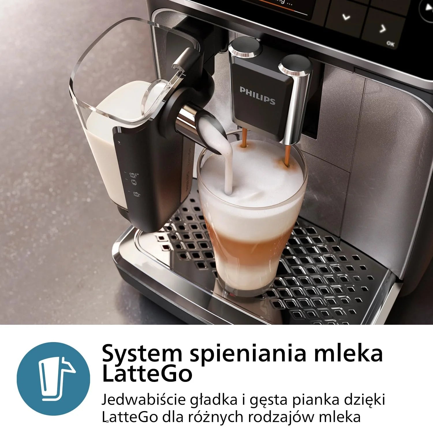 Philips Ekspres do kawy z serii 3300 w pełni zautomatyzowany - 6 napojów, Nowoczesny, Kolorowy ekran dotykowy, LatteGo, SilentBrew, Młynek w 100% ceramiczny, Filtr AquaClean, Czarny chrom (EP3347/90)