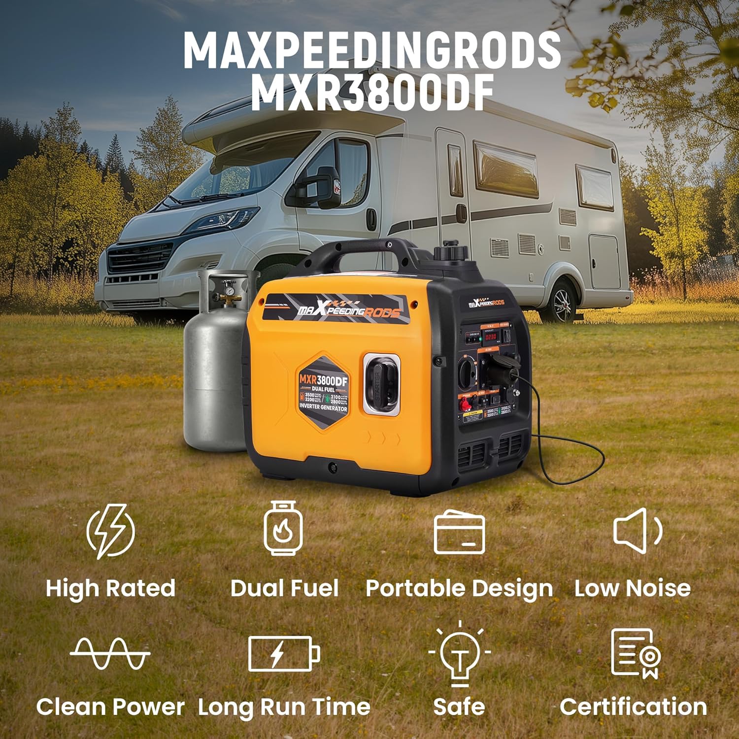 maXpeedingrods Inwerterowy generator prądu, 2000 W, benzynowy, 4-suwowy, z gniazdem USB i gniazdami 230 V, cyfrowy wyświetlacz, kompaktowy i lekki, na kemping, do podróży na świeżym powietrzu, kampera