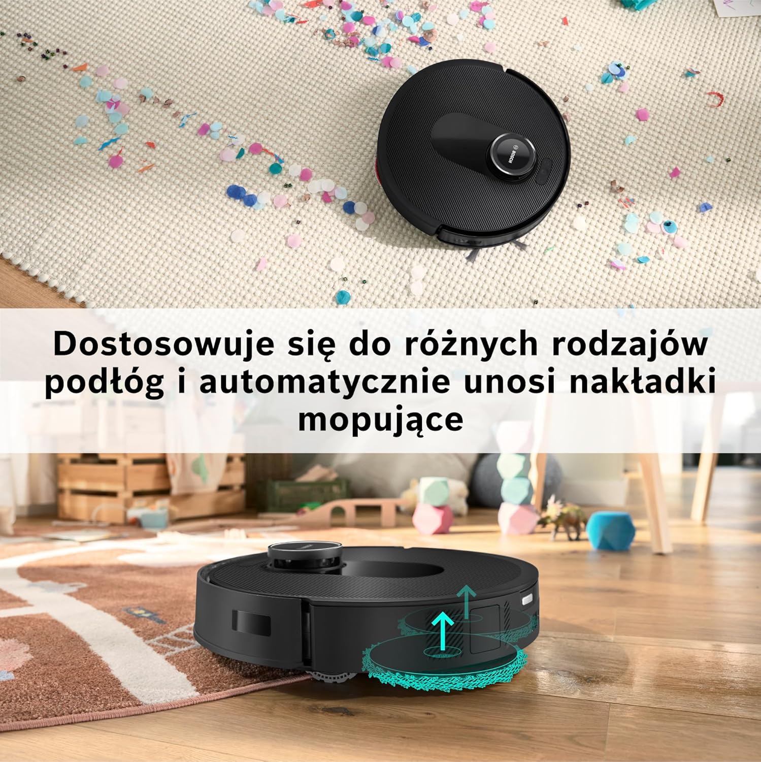 Bosch Spotless Max Robot sprzątający z funkcją mopowania, moc ssania 11 000 Pa, wysuwana nakładka mopującą, stacja czyszczącą, nawigacją Smart Vision, aplikacja Bosch Home Connect, BCRDW3B, czarny