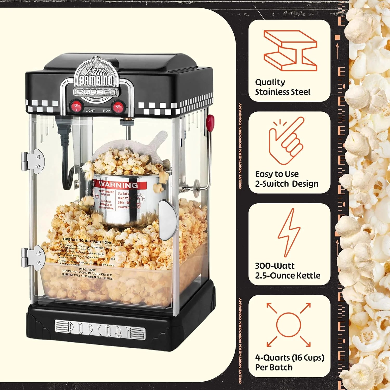 Little Bambino Maszyna do popcornu - 2,5 uncji stolik filmowy teatr popcorn popper ze stali nierdzewnej od Great Northern Popcorn (czarny)