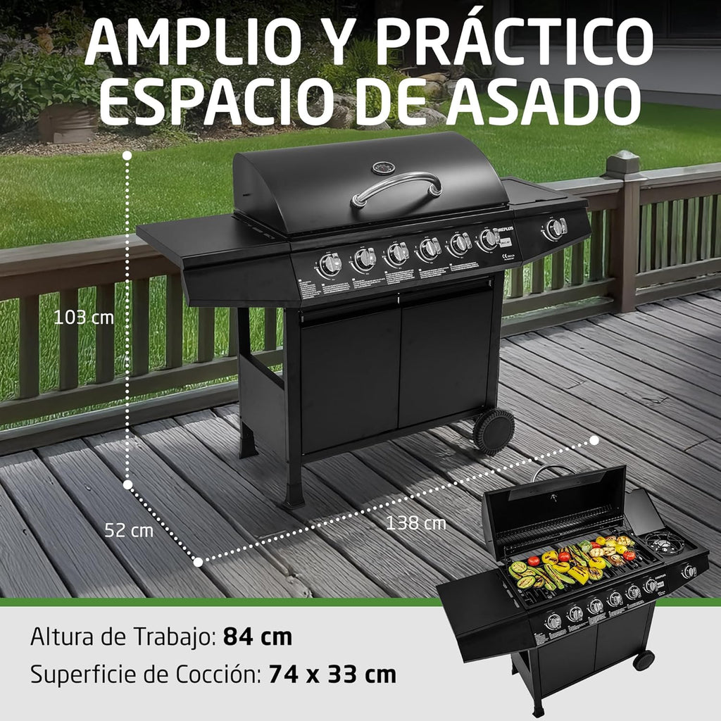 Grill gazowy Fireplus 6+1, 12,9 kW – stal nierdzewna czarna – grill z kółkami, model GRILL-6F – grill XXL z wózkiem i termometrem – 138 x 52 x 103 cm – 7 palników i tacka boczna