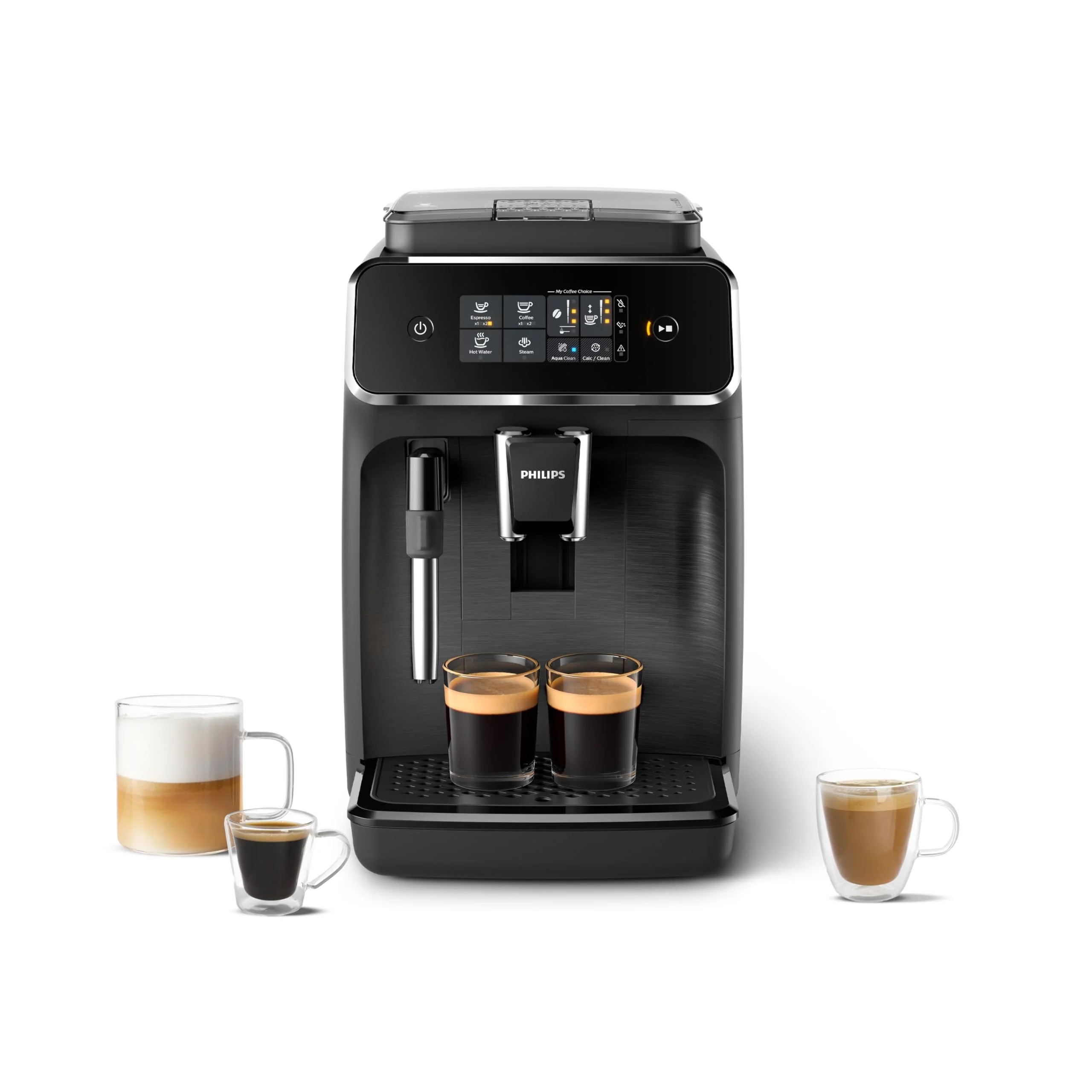 Philips Ekspres do kawy z serii 3300 w pełni zautomatyzowany - 6 napojów, Nowoczesny, Kolorowy ekran dotykowy, LatteGo, SilentBrew, Młynek w 100% ceramiczny, Filtr AquaClean, Czarny chrom (EP3347/90)