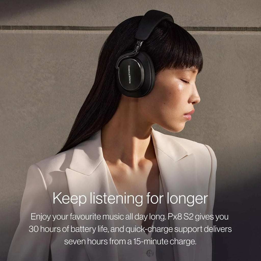 Bowers & Wilkins Px8 S2 bezprzewodowe słuchawki z redukcją szumów z Bluetooth Audio, funkcja szybkiego ładowania, 30 godzin odtwarzania w wysokiej rozdzielczości i mikrofonem - onyks czarny