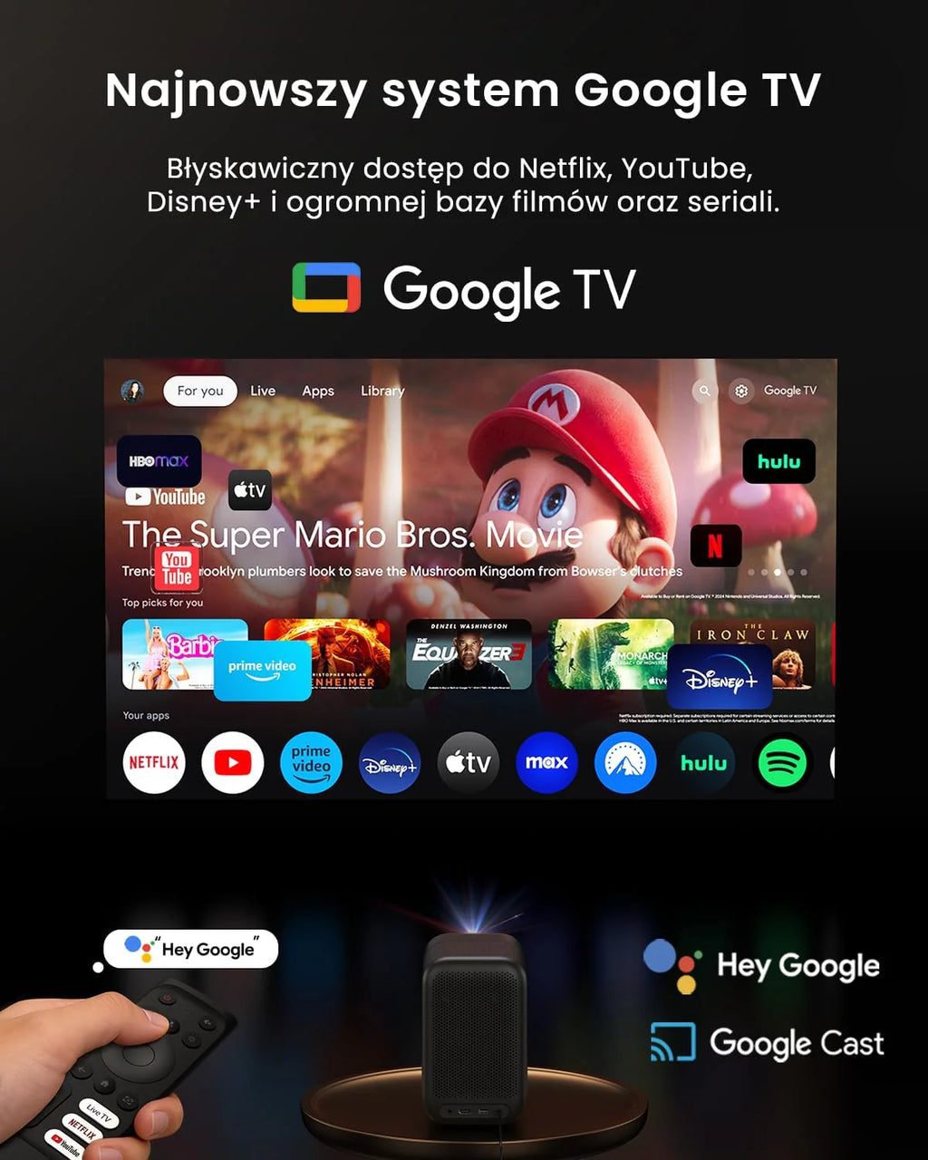 WEMAX Inteligentny Projektor Google TV 1080P Full HD, Obsługa 4K, 320 ISO Lm, MEMC Płynność na Mecze 2026, Auto Focus i Keystone, Omijanie Przeszkód, HDR10, Dolby Audio, WiFi 5G, Bluetooth