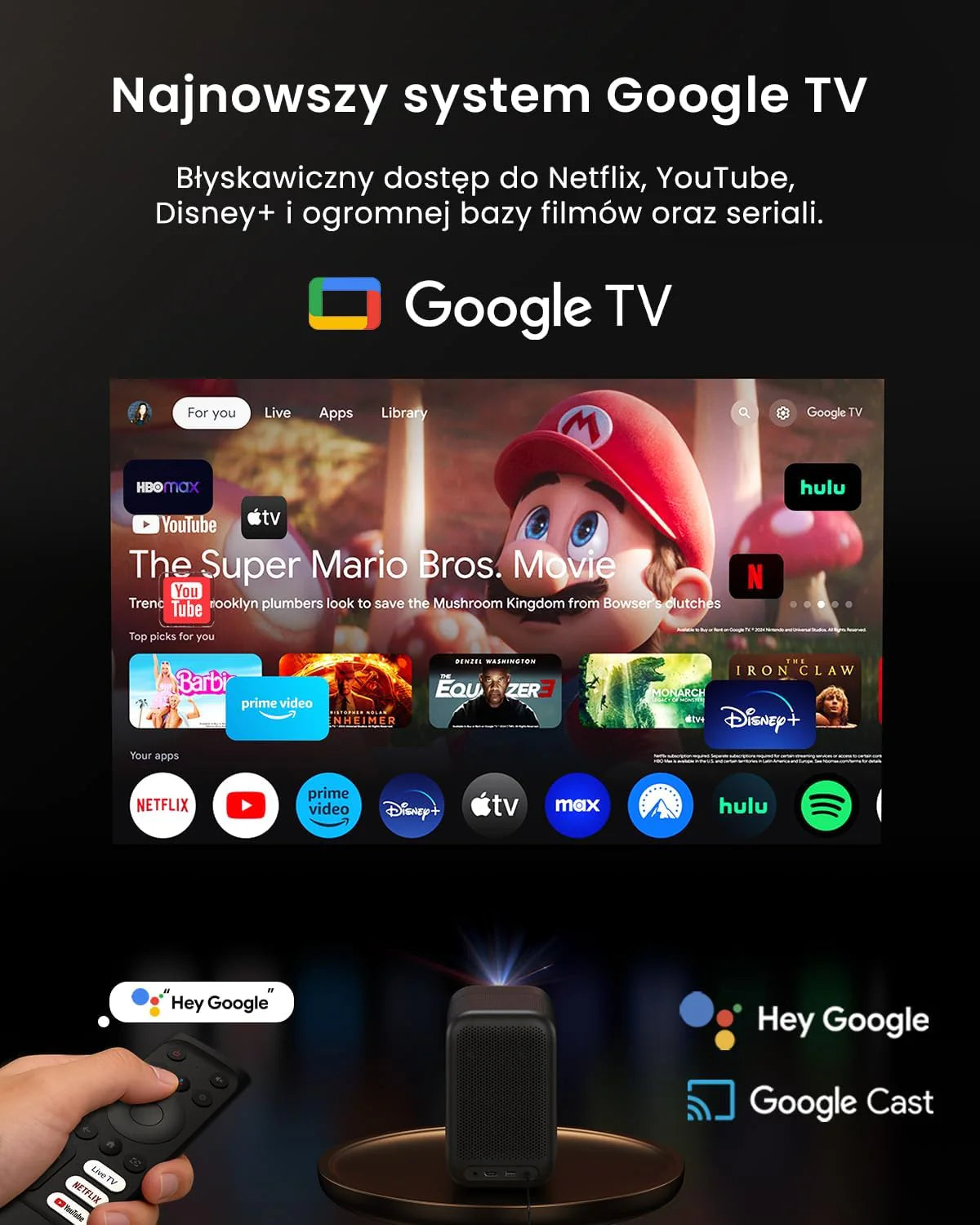 WEMAX Inteligentny Projektor Google TV 1080P Full HD, Obsługa 4K, 320 ISO Lm, MEMC Płynność na Mecze 2026, Auto Focus i Keystone, Omijanie Przeszkód, HDR10, Dolby Audio, WiFi 5G, Bluetooth