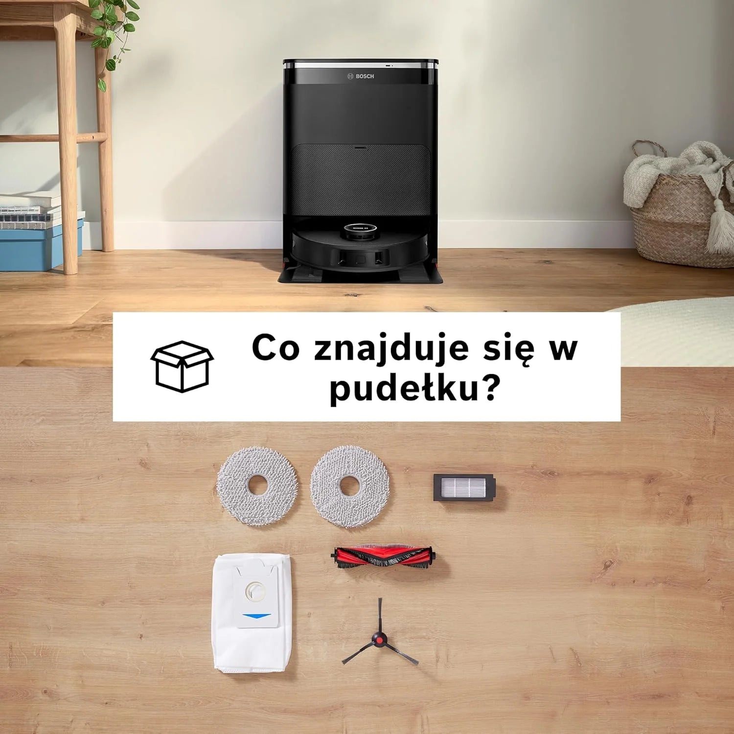 Bosch Spotless Max Robot sprzątający z funkcją mopowania, moc ssania 11 000 Pa, wysuwana nakładka mopującą, stacja czyszczącą, nawigacją Smart Vision, aplikacja Bosch Home Connect, BCRDW3B, czarny