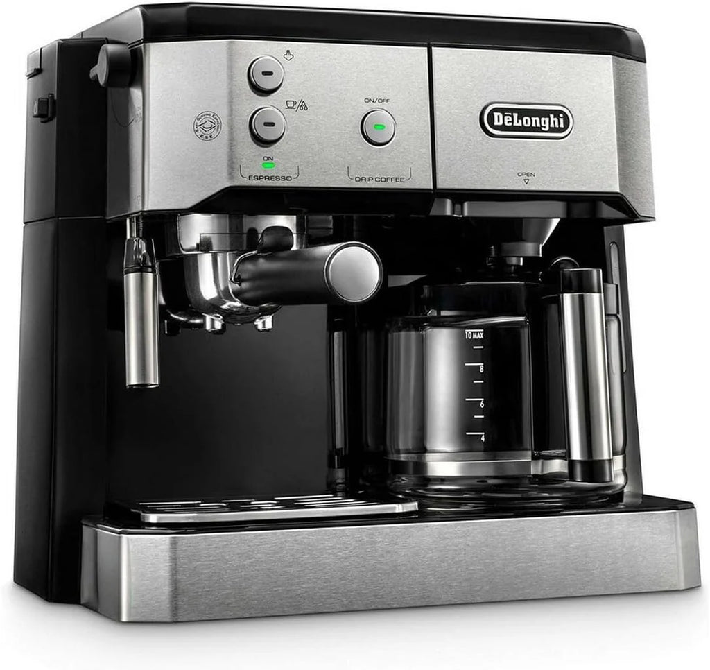 Ekspres do kawy kombinowany De'Longhi BCO 421.S — ekspres do kawy z filtrem espresso i funkcją filtra kawy, w tym dysza do spieniania mleka, szklany dzbanek i system filtrów wody, 1 l, stal nierdzewna/czarna, pojedyncza