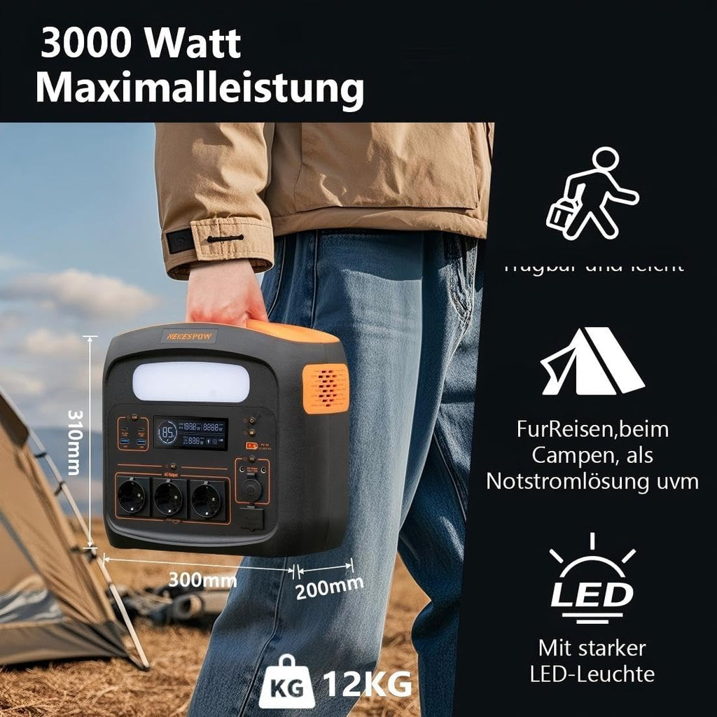 Generator solarny z panelem słonecznym 100 W, 1102,5 Wh LiFePO4, przenośna stacja Powerstation 1200 W (Power Lifting 2400 W), gniazdko AC mobilne zasilanie do przyczep kempingowych, prac domowych i