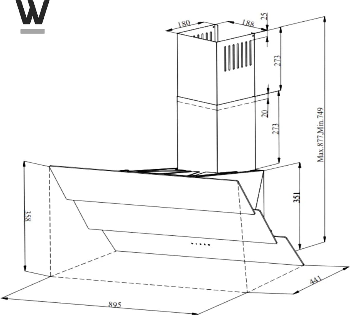 Wiggo A942G okap kuchenny 90 cm bez głowy I wylot powietrza obiegowego 626 m³/h – wyświetlacz dotykowy 4 stopnie I klasa efektywności energetycznej A skośny okap wraz z 2 filtrami węglowymi I okap