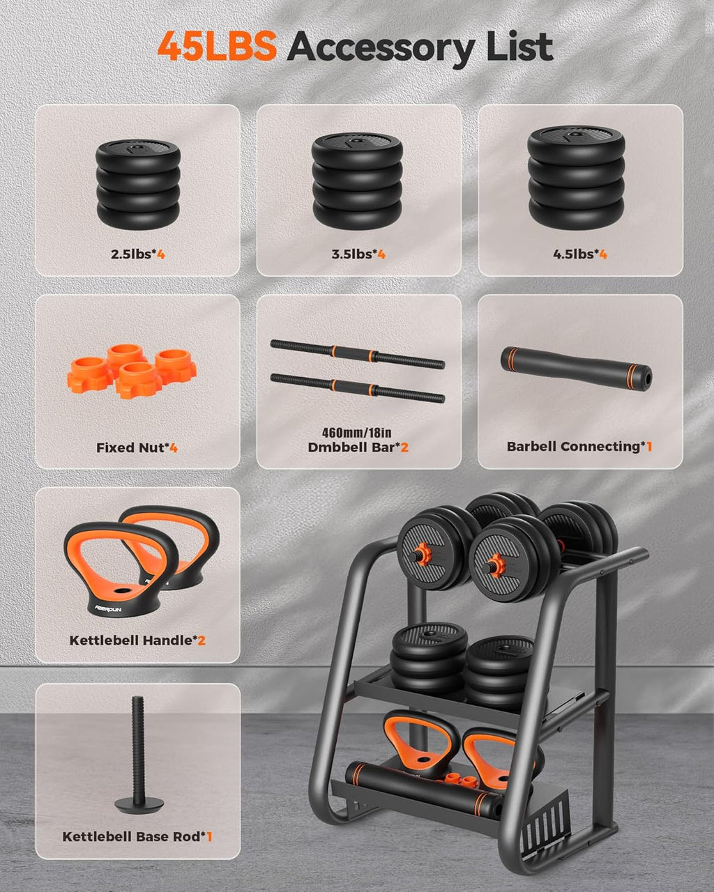 FEIERDUN Regulowane hantle, zestaw hantli o wadze 18 kg ze złączem, zestaw hantli 4 w 1, używany jako sztanga, kettlebell, stojak push-up, ćwiczenia fitness do domowej siłowni odpowiednie dla